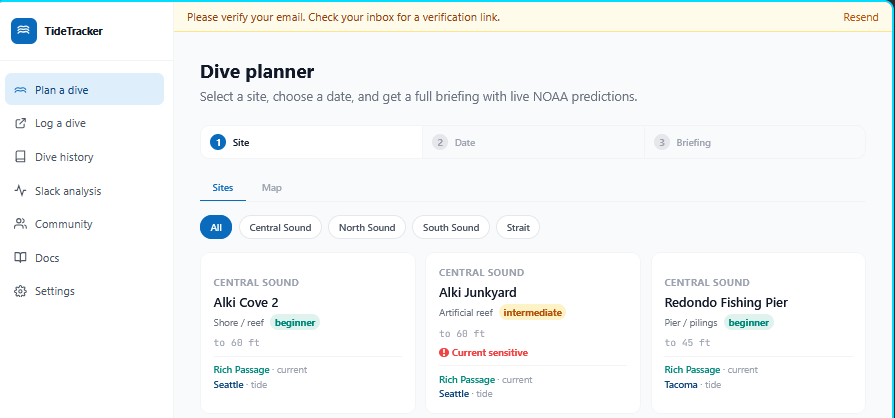 Plan a dive Step 1: site grid with region filter pills and per-site cards showing station pairings and correction status