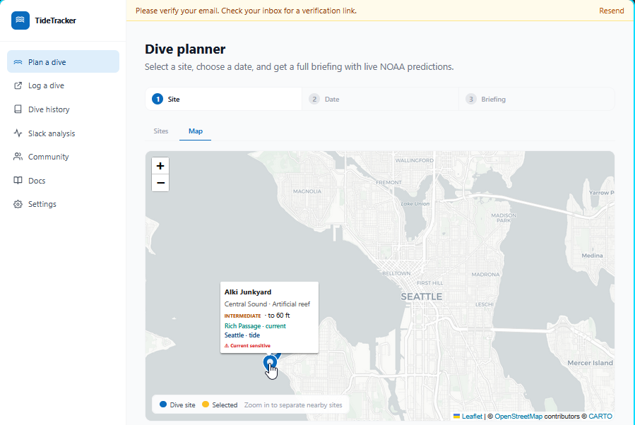 Plan a dive Step 1: map view with site markers across Puget Sound and the Strait