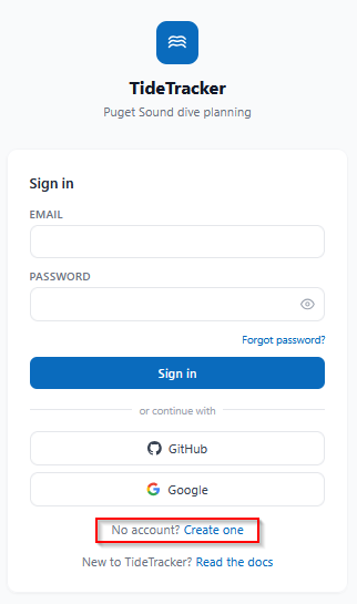 Geoduck Planner sign-up page, with the link to create a new account from the sign-in form